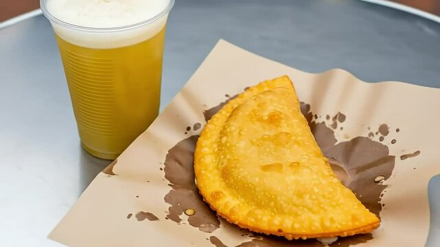 Pastel frito com caldo de cana