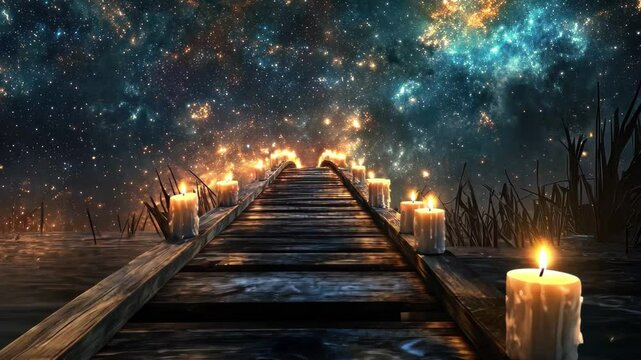 Bridge illuminated by candles leads into a starry galaxy at night, a bridge with many candles on heaven galaxy space video background ing for live wallpaper