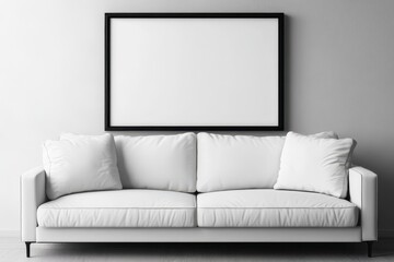 Scandinavian Home Office Canvas Display. Modern Mockup of Poster Frame with Retro Sofa and Stylish Chair in Cozy Studio Environment