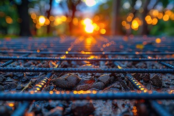 The foundation of a building is crafted by combining strong iron reinforcements with durable concrete to ensure stability and longevity