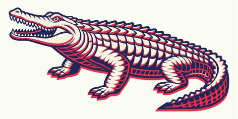 Stylized alligator illustration with bold red and blue accents on a transparent background
