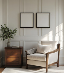 Modern interior, white walls with vertical black frames on the floor and a light gray sideboard
