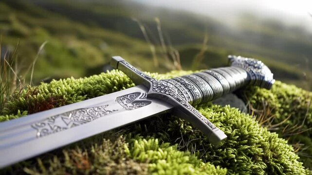 Ornate sword rests on mossy ground, epic fantasy feel