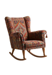 Ornate rocking chair with colorful patchwork upholstery