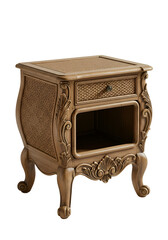Ornate nightstand with wicker accents