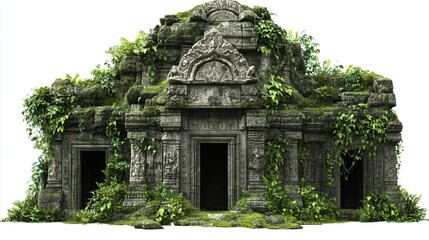 Overgrown stone temple ruins, heavily weathered, moss-covered, with intricate carvings and lush vegetation clinging to its facade, set against a white background