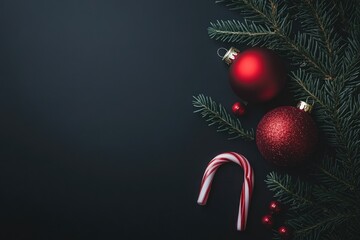 Red Christmas ornaments, candy cane and evergreen sprigs on dark background
