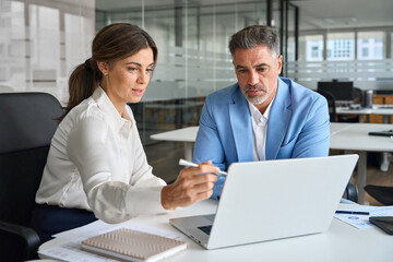 Two professional business executives team people working together on computer in office. Female...