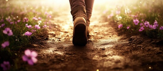 A single pair of brown boots walks down a dirt path, surrounded by purple wildflowers