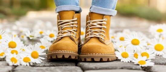 Close-up of tan boots on a stone path surrounded by blooming white daisies