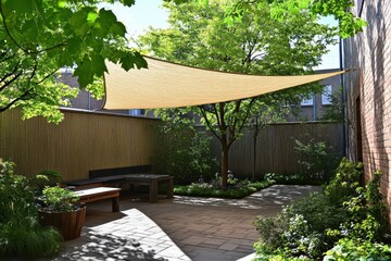 Urban Relaxation: Springtime Yard with Shade Cloth Canopy, Outdoor Seating, and Lush Trees