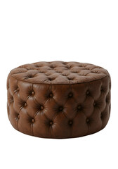Round brown leather footstool with tufting