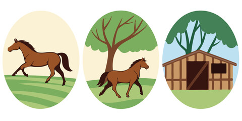 Three delightful horse illustrations with scenic backgrounds in oval decorative shapes