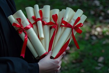 A hand holds a bouquet of rolled diplomas tied with red ribbons, symbolizing achievement and accomplishment