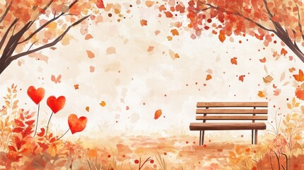 Autumnal park scene with a wooden bench and falling leaves.