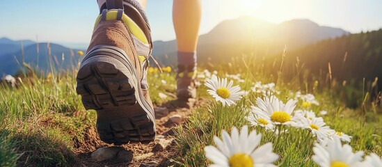 Close-up of a hiker's boot on a trail with wildflowers in the foreground and mountains in the distance