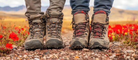 Two pairs of hiking boots stand on a gravel path with red wildflowers in the background