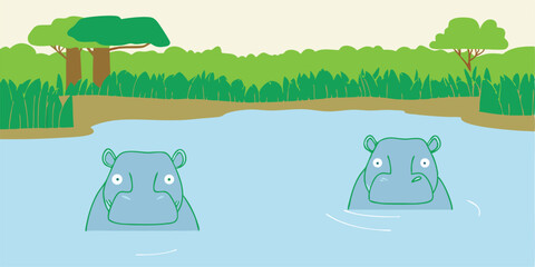 Two cute hippopotamus in the water enjoying their habitat wildlife african animals cartoon vector