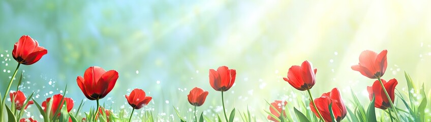 Red tulips bloom in a lush green field with a soft, dreamy background
