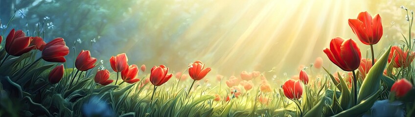 Sunlight beams through a field of red tulips