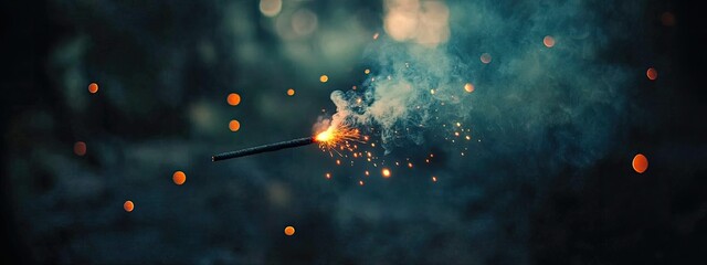 A single sparkler burns brightly, casting sparks and smoke against a dark, blurred background with scattered bokeh