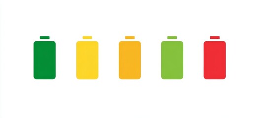 Minimalist battery level icons in green, yellow, and red, flat vector design on white background, simple UI/UX elements