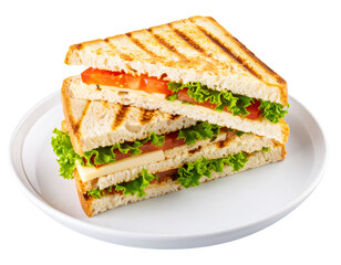 Grilled sandwich with tomato, lettuce, and cheese on a white plate against isolated on a transparent background