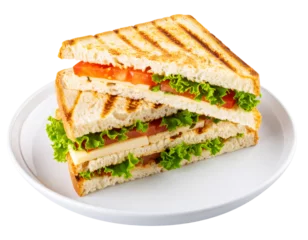 Papier peint photo Snack-bar Grilled sandwich with tomato, lettuce, and cheese on a white plate against isolated on a transparent background  © MstSuborna