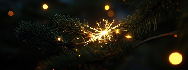 A sparkler glows brightly on a dark evergreen branch, surrounded by soft bokeh lights