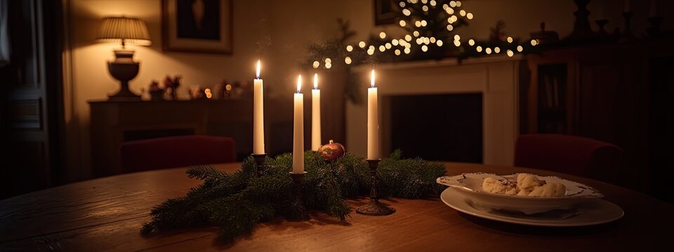 A dimly lit room with a table set for a meal, featuring lit candles and a plate of food