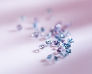 Blue and white diamonds scattered on soft pink background, sparkling with light blue and purple tones, dreamy macro photography with intricate reflections