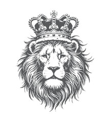 Majestic lion head with a royal crown in detailed black and white hand-drawn style.