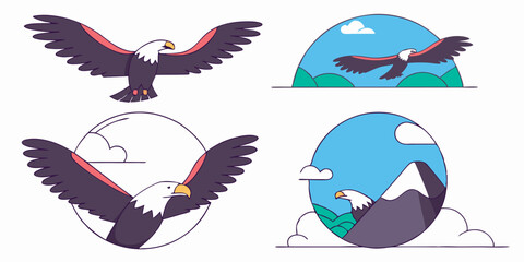 Vector illustrations of bald eagles soaring in various scenic circular landscapes