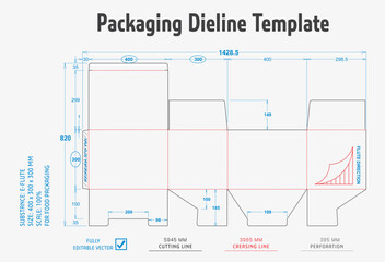 Title: Packaging Dieline Template. 2D Technical Drawing File Eps Scale. Fully editable vector. Prepared for production