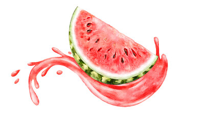 Watercolor illustration of a juicy watermelon slice riding a red splash wave. Isolated on white. Bright and fun element perfect for summer packaging, posters, and merchandise.
