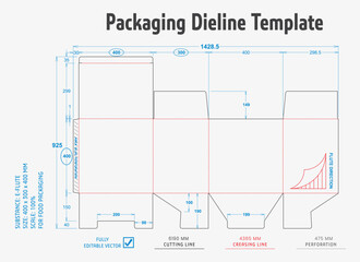 Title: Packaging Dieline Template. 2D Technical Drawing File Eps Scale. Fully editable vector. Prepared for production