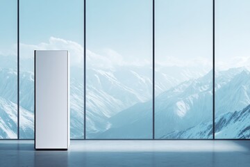 Minimalist white refrigerator with black edges in empty room, large windows with snow-capped mountains and greenery, clean product photography style