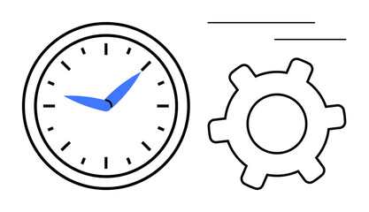 Clock with blue hands and a gear in motion convey time management, efficiency, and workflow optimization. Ideal for productivity, business, planning, strategy, teamwork, time tracking workflow