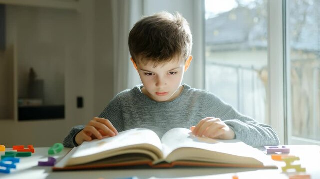 Curious child reading a book surrounded by floating letters, enjoying the magic of literature