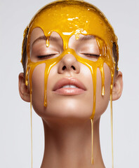 Woman With Honey Mask Dripping Down Face, isolated white background