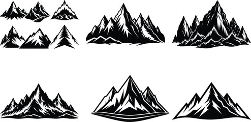 Mid-century Modern Outdoor Icons. Mountain silhouette icons set. Mountain and hills vector collection

