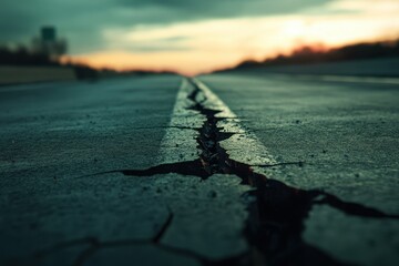 Obraz premium Ultra-Realistic Image of Cracked Asphalt Road Post-Earthquake with Cinematic Lighting