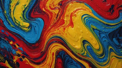 A vibrant abstract painting featuring swirling patterns of red yellow and blue paint textures art