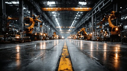 A futuristic manufacturing plant featuring dozens of synchronized robotic arms assembling components under AI supervision, with overhead displays showing predictive maintenance schedules and 