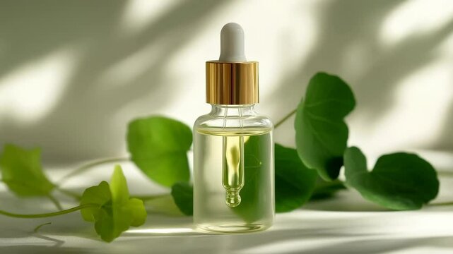 Sunlight shifting over a Centella asiatica serum bottle and surrounding leaves, creating a luxurious skincare advertisement
