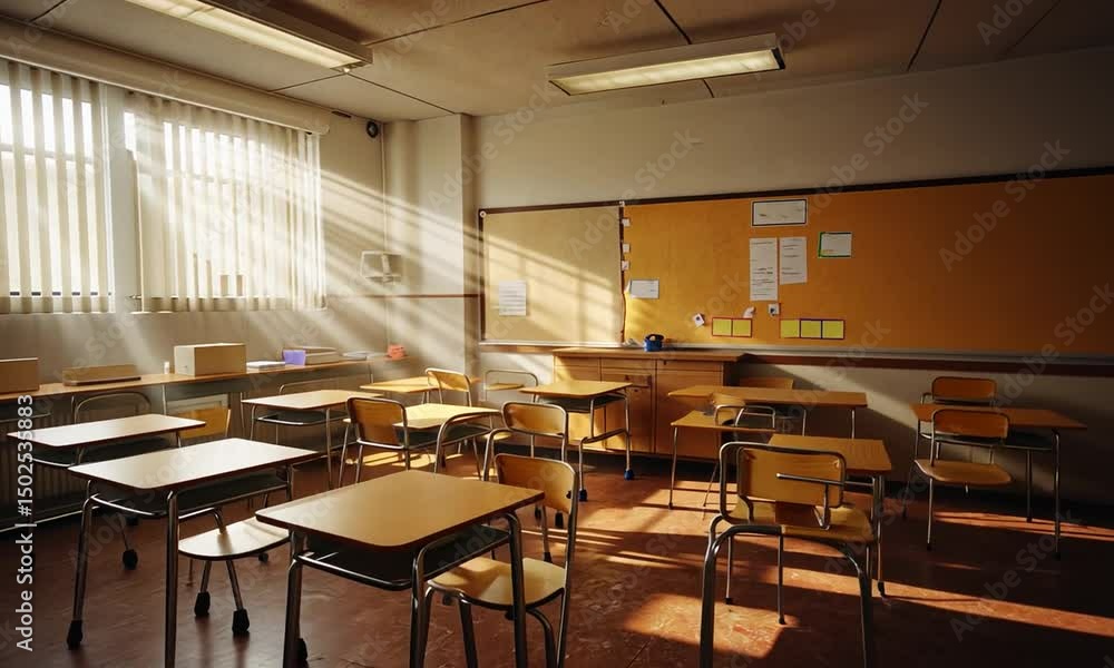 Poster bright sunlight streams into an empty classroom with wooden desks and chairs, creating a serene atmo