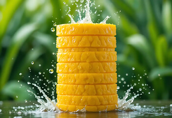 Stack of Fresh Yellow Fruit Slices Splashing into Water with Green Foliage Background