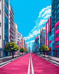 Obraz premium Vibrant city street with colorful buildings and bright pink road under clear blue sky. scene is lively and modern, with trees lining sidewalks, creating cheerful atmosphere