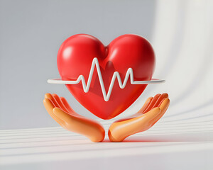 3D Render of Hands Gently Holding a Red Heart with Heartbeat Line