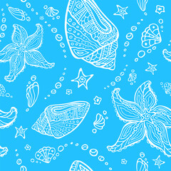 Sea-star and conch seamless pattern. Starfish and shells tribal sea zenart surface design. Polynesian ocean light blue endless texture.